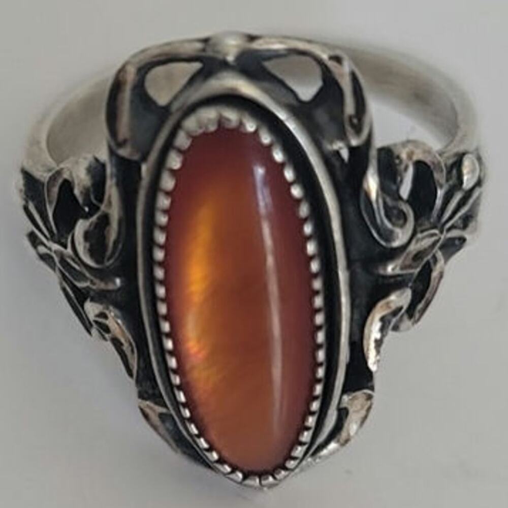 Vintage Navajo Orange Paua Shell Sterling Silver Scrolled WM Wheeler Ring Size 9